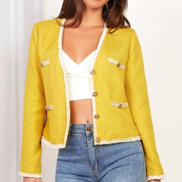 Tweed Raw Trim hem Button Front Jacket work office chic Yellow - Picture 2 of 5